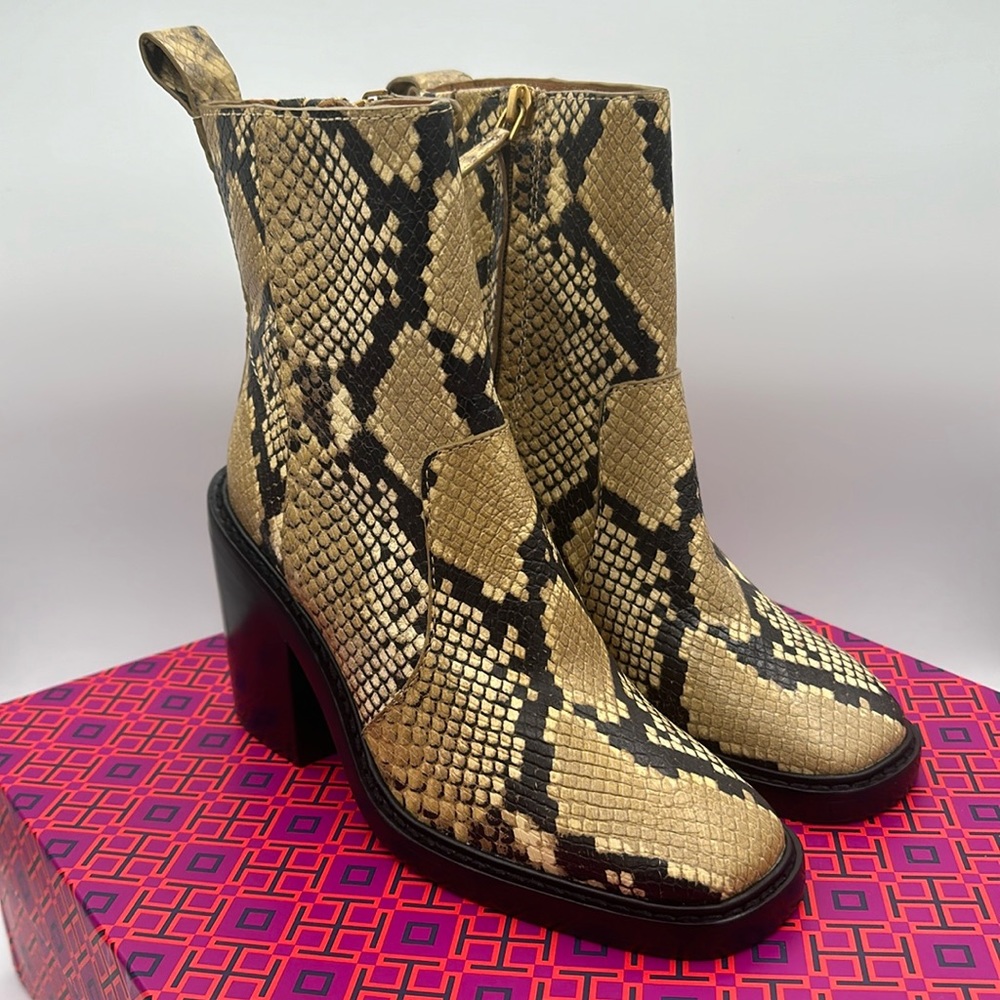 Tory Burch Miller Snakeskin Leather Heeled Ankle Booties Size 5 Women’s NIB